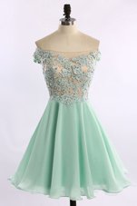 Flare Off the Shoulder Apple Green Cap Sleeves Mini Length Beading and Appliques Zipper Cocktail Dress