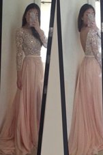 Scoop 3|4 Length Sleeve Chiffon Prom Gown Beading and Ruching Brush Train Backless
