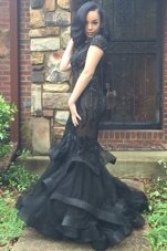 Sweep Train Mermaid Pageant Dress for Teens Black Scoop Organza Cap Sleeves With Train Zipper