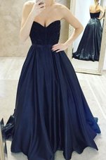 Navy Blue Satin Zipper Prom Gown Sleeveless Sweep Train Belt