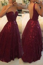 Luxury Lace Burgundy Sleeveless Floor Length Beading Backless Prom Evening Gown
