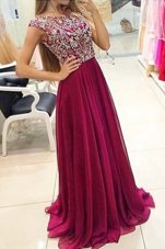 Cap Sleeves Sweep Train Zipper With Train Beading Dress for Prom
