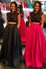 Scoop Cap Sleeves Dress for Prom Floor Length Lace and Ruching Black Satin
