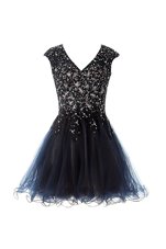 Navy Blue Criss Cross Party Dress for Toddlers Beading Cap Sleeves Knee Length