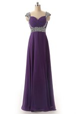 Purple Lace Up Straps Beading and Ruching Evening Dress Chiffon Cap Sleeves