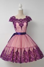 Purple Cap Sleeves Mini Length Belt Zipper Womens Party Dresses
