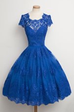 Clearance Scalloped Cap Sleeves Knee Length Lace Zipper Cocktail Dresses with Royal Blue