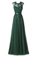 Suitable Dark Green A-line Scoop Cap Sleeves Tulle Floor Length Zipper Beading and Pleated Prom Party Dress