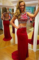 Scoop Red Zipper Prom Party Dress Beading Sleeveless Brush Train