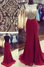 Exquisite Brush Train A-line Homecoming Dress Burgundy Bateau Chiffon Sleeveless Backless