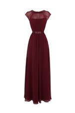 Scoop Burgundy Cap Sleeves Beading Floor Length Prom Party Dress