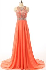 Halter Top Sleeveless Beading Backless Prom Party Dress with Orange Court Train