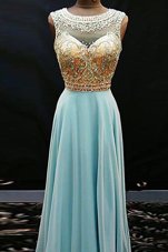Scoop Aqua Blue Sleeveless Beading Floor Length