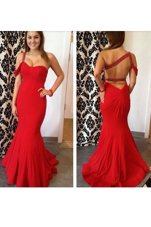 Fitting Mermaid Red One Shoulder Neckline Beading Prom Evening Gown Sleeveless Criss Cross