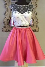 Elegant Rose Pink Cap Sleeves Elastic Woven Satin Zipper Cocktail Dress for Prom and Party