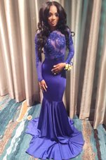 Stylish Mermaid Elastic Woven Satin High-neck Long Sleeves Brush Train Backless Lace Prom Evening Gown in Purple