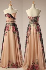 Discount Sleeveless Chiffon Floor Length Zipper Evening Dress in Champagne for with Embroidery