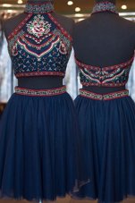 Sleeveless Knee Length Embroidery Zipper Party Dress with Navy Blue
