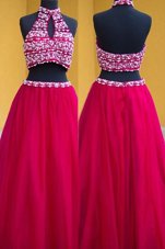 Custom Designed Red Sleeveless Chiffon Backless Evening Dress for Prom