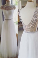 Pretty White Column/Sheath Tulle Bateau Cap Sleeves Beading Floor Length Zipper