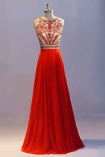 Trendy Scoop Beading and Pleated Coral Red Side Zipper Sleeveless Floor Length