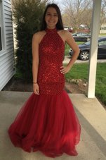 Chic Mermaid Sequins Prom Evening Gown Red Zipper Sleeveless Floor Length