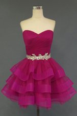 High Class Fuchsia Sleeveless Knee Length Beading and Ruffled Layers Lace Up Cocktail Dresses