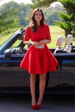 Halter Top Red A-line Lace Cocktail Dress Backless Lace Half Sleeves Knee Length