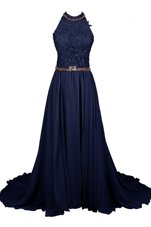 Lace Floor Length Navy Blue Prom Gown Halter Top Sleeveless Zipper