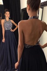 Halter Top Black Sleeveless With Train Beading Backless Evening Dress