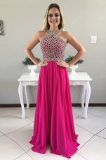 Fuchsia Chiffon Zipper Halter Top Sleeveless With Train Prom Evening Gown Sweep Train Beading