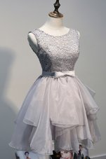 Simple Grey A-line Scoop Sleeveless Organza and Lace Knee Length Lace Up Beading Casual Dresses