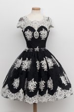 Excellent Scoop Black Cap Sleeves Tulle Lace Up Cocktail Dresses for Prom and Party