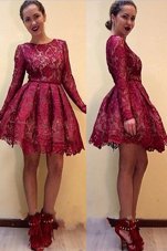 Classical Scoop Lace Party Dresses Red Zipper Long Sleeves Knee Length