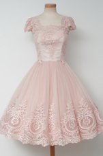 Luxury A-line Party Dress Wholesale Baby Pink Square Tulle Cap Sleeves Tea Length Zipper