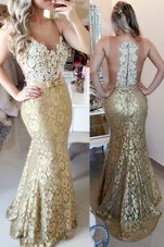 Mermaid Spaghetti Straps Sleeveless Brush Train Zipper Prom Party Dress Gold Lace