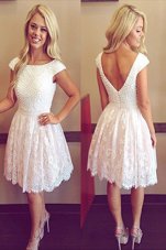Scoop White Zipper Cocktail Dresses Lace Cap Sleeves Knee Length
