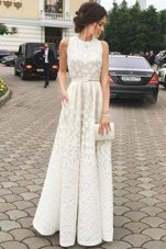 Elegant Scoop White Lace Zipper Evening Dress Sleeveless Floor Length Pleated