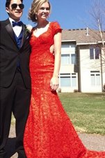 Flare Mermaid Red V-neck Neckline Lace Dress for Prom Short Sleeves Backless