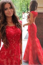 Mermaid Red Scoop Neckline Lace and Appliques Dress for Prom Cap Sleeves Backless
