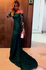 Top Selling Mermaid Off the Shoulder Zipper Dark Green and In for Prom with Lace Sweep Train