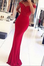 Mermaid Off the Shoulder Red Elastic Woven Satin Zipper Prom Party Dress Sleeveless Floor Length Beading and Appliques