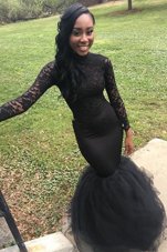 Custom Designed Mermaid Long Sleeves Elastic Woven Satin Floor Length Zipper Prom Evening Gown in Black for with Lace