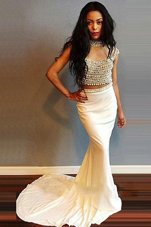 Amazing White Mermaid Scoop Cap Sleeves Elastic Woven Satin Sweep Train Zipper Beading Prom Gown