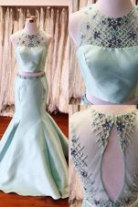 Attractive Mermaid Scoop Light Blue Sleeveless Satin Backless for Prom
