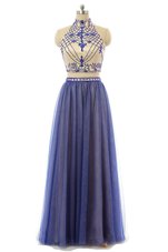 Discount Halter Top Tulle Sleeveless Floor Length Prom Party Dress and Appliques