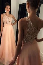 Peach Side Zipper One Shoulder Beading and Lace Homecoming Dress Chiffon Sleeveless Sweep Train