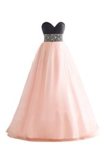 Pink And Black A-line Beading Evening Dress Lace Up Organza Sleeveless Floor Length