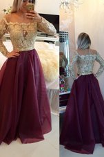Scoop Floor Length Zipper Prom Gown Burgundy and In for Prom and Party with Beading and Appliques