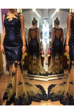 Scalloped Navy Blue Backless Pageant Gowns Sequins Sleeveless With Brush Train